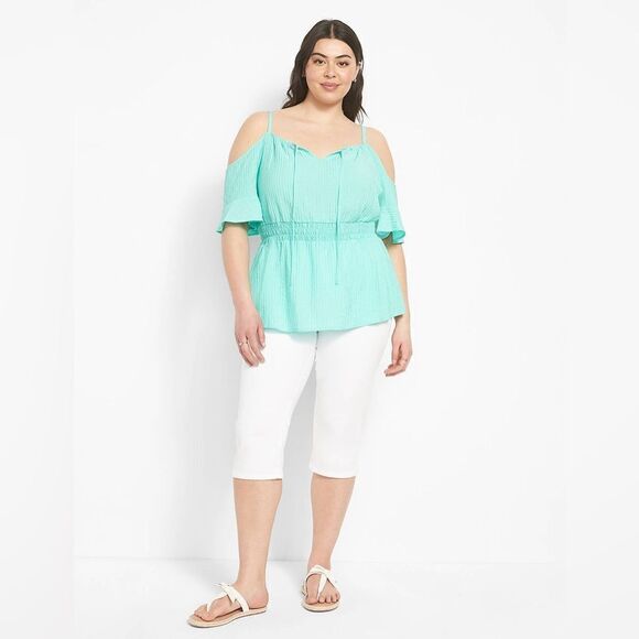 Lane Bryant Cold-Shoulder Smocked Waist Top - Picture 2 of 9